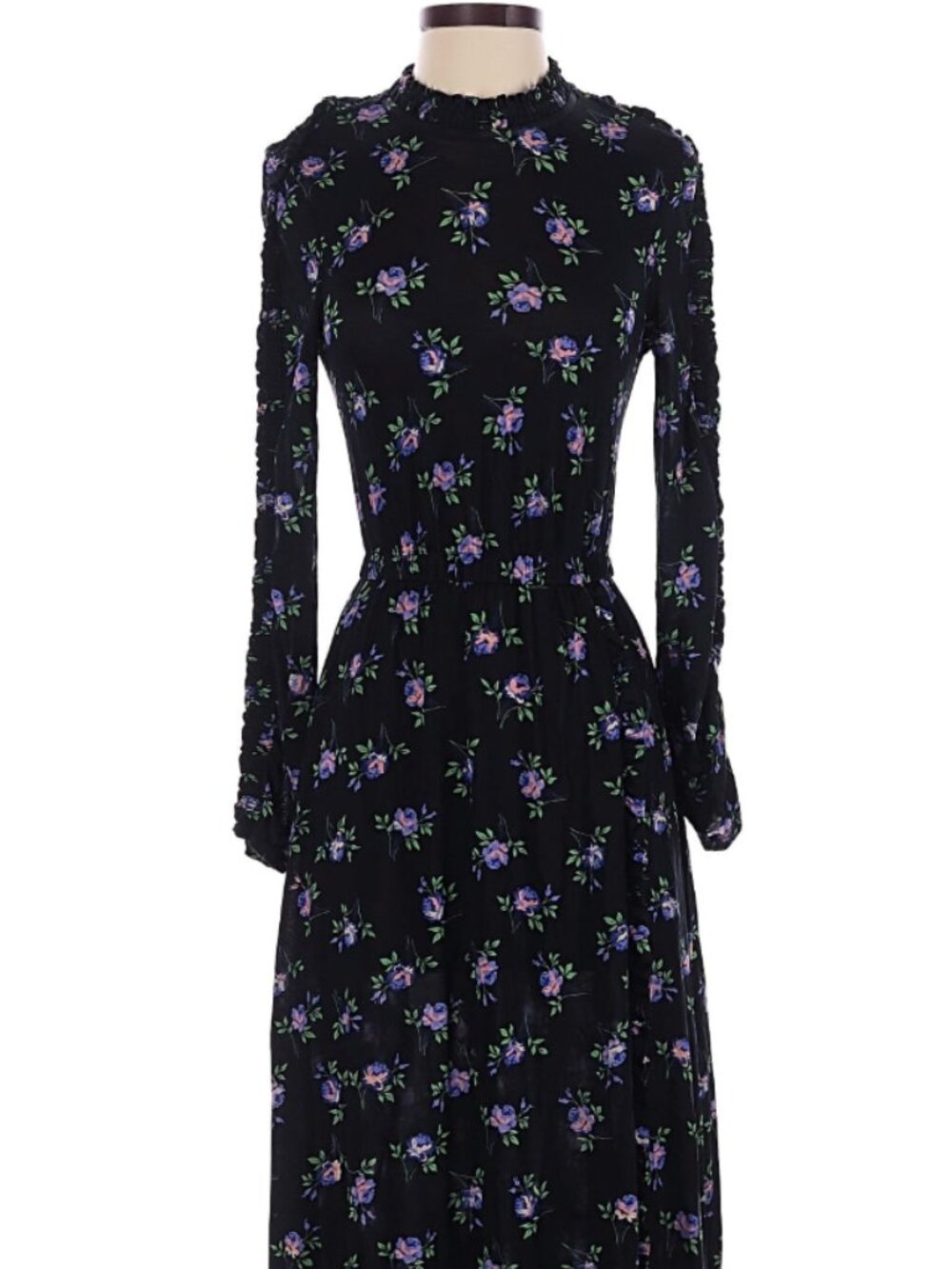 Sandro Paris Black Floral Ruched Sleeve Maxi Dress Size 38 (US 6)